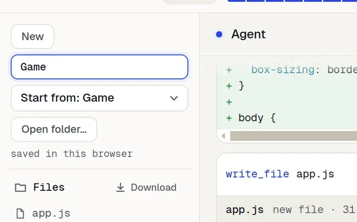 After New: a project name box and the menu Start from: Game