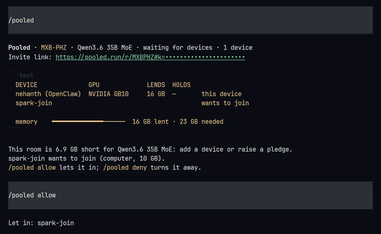 /pooled: waiting for devices, 16 GB lent of 23 GB needed, spark-join wants to join (computer, 10 GB); /pooled allow answers Let in: spark-join