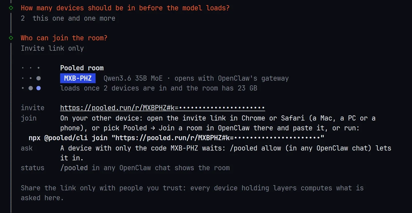 The Pooled room box: room code MXB-PHZ, Qwen3.6 35B MoE, the invite link, and how another device joins
