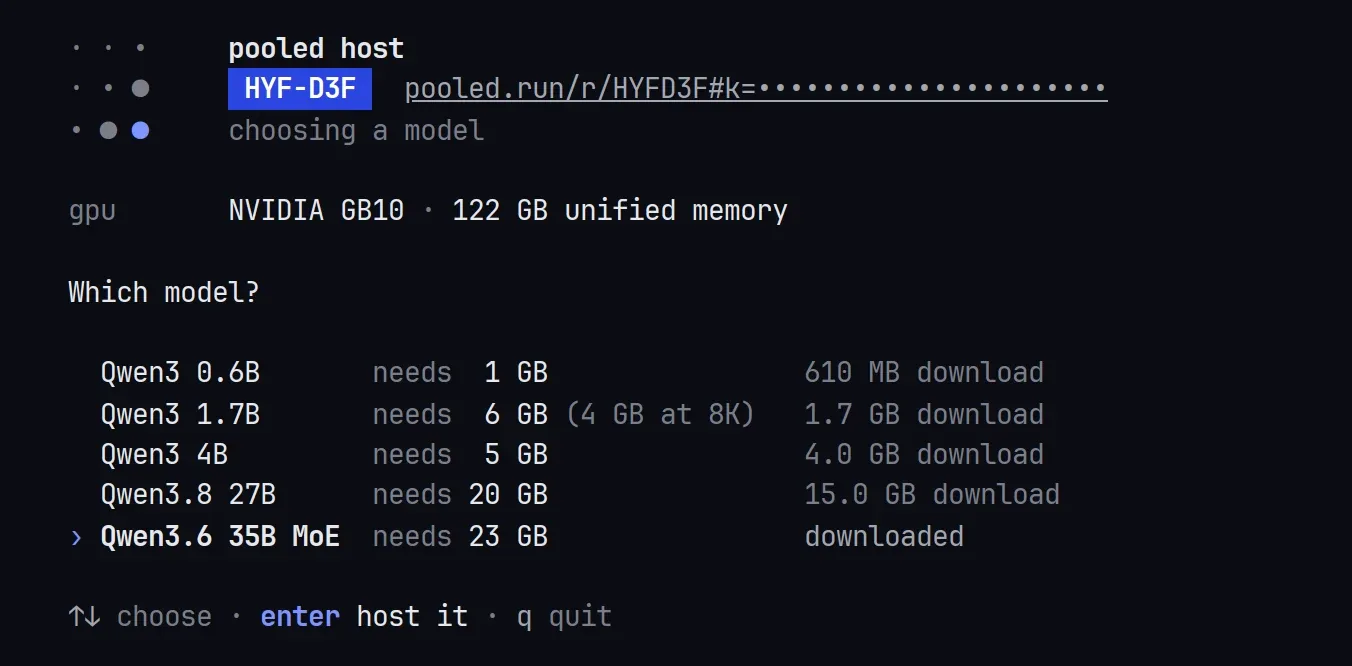 The model list: Qwen3.6 35B MoE selected, needs 23 GB, downloaded; Qwen3 1.7B needs 6 GB (4 GB at 8K)