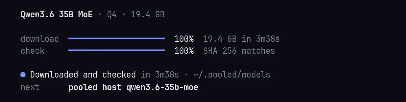 pooled pull: the download and check bars at 100%, then Downloaded and checked, and the next command